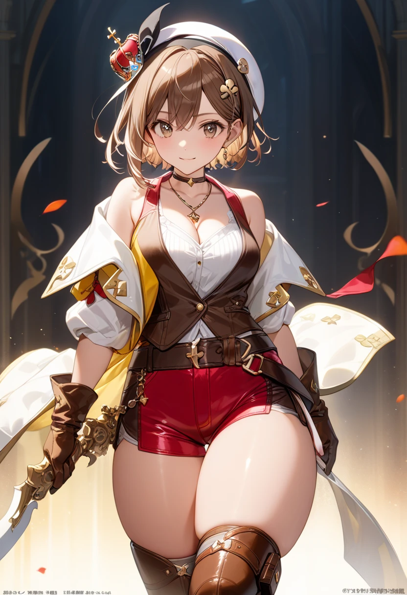   Masterpiece  , 最 High Quality ,  (extremely     Details, 最  High Quality 、  Masterpiece  、    Details、 最  High Quality ,   Official Art, beautifully、beautiful:1.2), 
最  High Quality ,   Masterpiece  ,   Masterpiece  ,    High Quality ,    Detailsな目,   1 girl , Alone, RyzaThird、 shorthair、 crown blade、White Beret、black ribbon headband、x-shaped hair ornament、 black choker 、 white coat、Gold Trim、 white collared shirt 、 sleeveless shirt、 cleavage、 Necklaces 、 brown vest 、 brown gloves、One glove、 red shorts、Brown belt、 thigh pouch to hide one ear、Brown thigh-high boots,smile,Glossy Painting,((( shiny thighs ))), big eyes