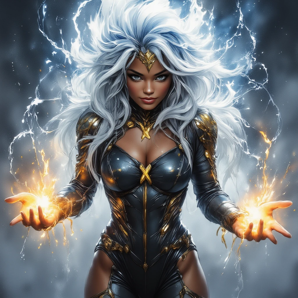 storm (  Marvel character  ), Afro ,  black-skinned woman with very short white brushed hair, bright white eyes ,  wears a black leather jumpsuit with a big yellow X, seductive and completely open on the front.  She is surrounded by fog and stormy lightning that spring from her hands.  Proud look and captivating smile .  Luis Royo style  