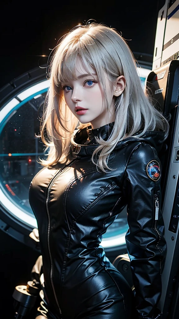 photo of 25 yo, russian Woman cyberpunk bomber jacket, latex bra, pale skin, intense deep blue glowing eyes, thin face, blond platinum hair, medium breasts, big pistol in hand, High skin detail, high face detail, beautiful face, muscled abs, skinny, cyberpunk city at night, neon lighting, vibrant colors, vibrant details, award winning full body photo, (high detailed skin:1.2), 8k uhd, dslr, soft lighting, high quality, film grain, Fujifilm XT3