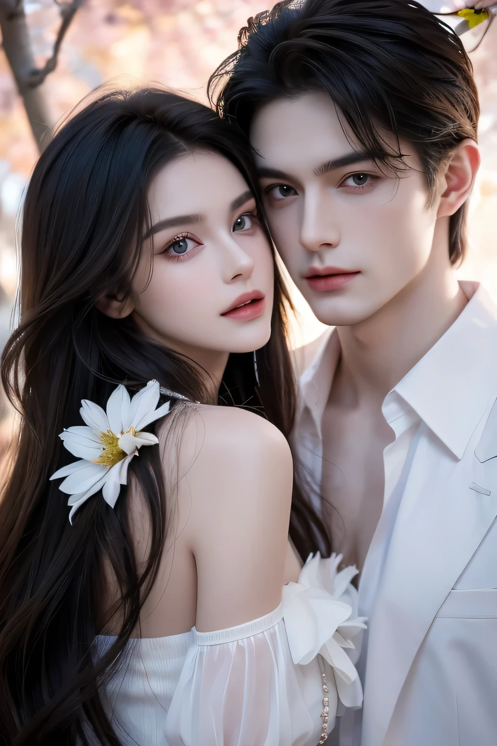 MAN with black hair and brown eyes, around 20 years old, very attractive, wearing a white shirt with buttons, no tattoos, with a beautiful profile with green eyes and a winged woman, both of whom appear to be of American nationality, with their backs to a woman with black hair and brown eyes. dark and she has a gun behind her and she sees him with kind eyes, her hair flies and when the two of them don't look at each other, you can only see the middle of the body above, the two of them have their backs to each other and she has a red dress. two are approximately 20 years old and I repeat she has a gun behind her the two have their backs to each other they are two people, a non-Korean man and a woman with AMERICAN nationalities.