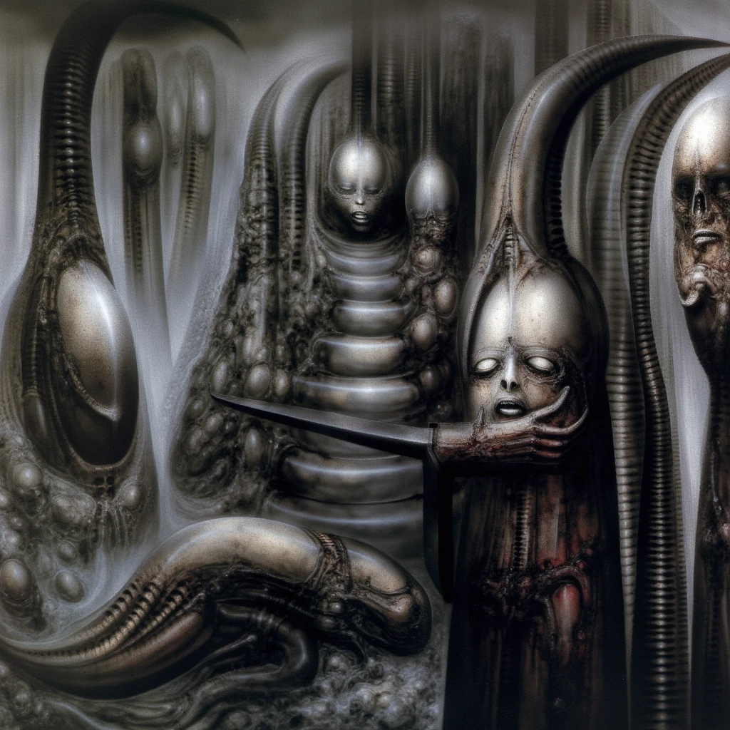 HRGGR, The image is a detailed view of H.R. Giger's biomechanical tableau \" Vlad Tepes \" plate, featuring The composition of Vlad Tepes shows an environment worked out in a way to give the impression of three dimensions.

 Group of three elongated humanoid figures with angsty face expressions
omething that looks like a vast walnut is being broken open at the base of the picture.

There are tall shadowy figures with ribbed serpentine bodies, one on the left is armed with a cross shaped spike, while the swirling forms of the river and the fog add a touch of dynamism and chaos. The use of a limited color palette, primarily shades of gray and black, contributes to the overall sense of foreboding and mystery. These structures could be overgrown with fleshy, organic forms, suggesting decay and corruption. Color Palette: A monochromatic palette of dark grays and blacks would create a sense of foreboding and mystery. Consider adding subtle hints of red or green to highlight certain details or to evoke a sense of decay. Lighting: Use dramatic lighting to create a sense of depth and atmosphere. A single, harsh light source could cast long, distorted shadows, adding to the overall sense of unease. Symbolism and Storytelling: The Curse: The skeletal figure could be depicted in a state of torment, perhaps clawing at its own flesh or contorted into an unnatural position. This could symbolize the physical and psychological suffering caused by the curse. The Labyrinth: The labyrinthine network of tubes and pipes could represent the labyrinthine nature of the curse itself, trapping the victim in an endless cycle of suffering. The Unmaskable: The figure's face could be obscured by a mask or a veil, symbolizing the hidden nature of the curse and its enduring power.  Sharp focus on foreground elements illustration. Deep and delicate DOF. Big painting. Stored in Louvre masterpiece, ooze soaked pajama top