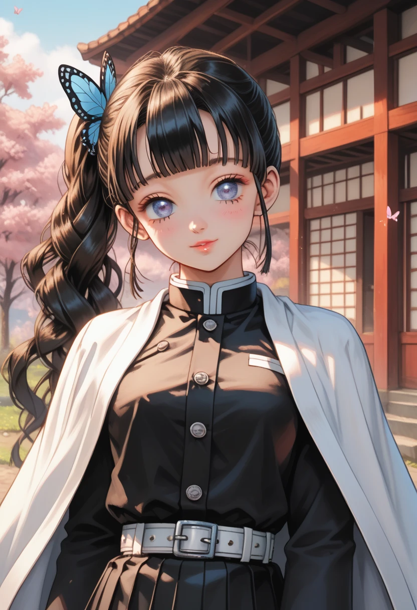 (masterpiece, best quality, ultra detailed, absurdres:1.5), 1girl, 1 girl, (sexy, beautiful woman, perfect face, perfect eyes, perfect female body:1.5), (kanaodef, black hair, long hair, blunt bangs, bangs, hair ornament, bug, butterfly, side ponytail, butterfly hair ornament, skirt, long sleeves, jacket, black jacket, pleated skirt, belt, black skirt, knee, buckle, sheathed, belt buckle, white belt, cape, white cape, demon slayer uniform, kimetsu no yaiba, ), (standing, outdoors, dojo in background), perfect lighting, smooth, hdr