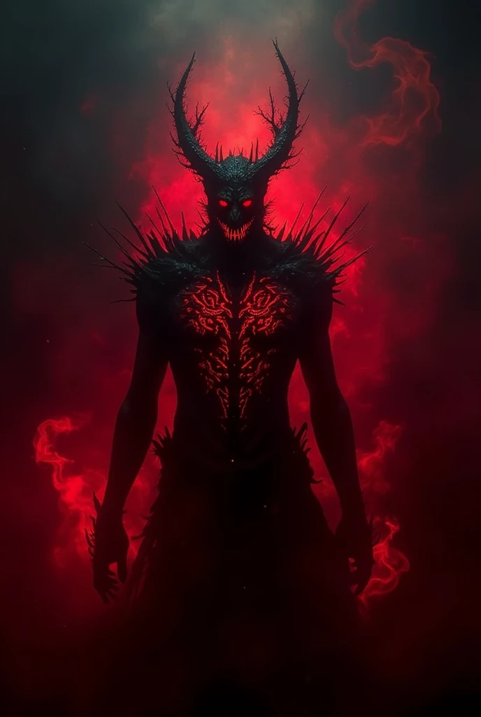 ((masterpiece)) ((Highest quality)) A dark and ominous demonic entity with glowing red eyes and intricate glowing patterns across its face and chest. The creature is surrounded by black smoke and a fiery red aura, with sharp, radiant details resembling a crown or halo made of energy. The background is a deep shadowy void, emphasizing the contrast between the dark silhouette and the intense red light. The atmosphere is haunting, surreal, and otherworldly, with an emphasis on supernatural horror.