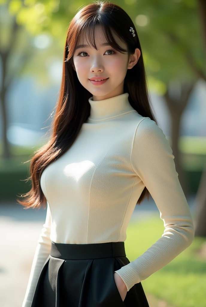 (highest quality、table top、8K、best image quality、Award-winning work)、one beautiful woman、25 years old、(Fixed front configuration:1.1)、(Photo from the front、from the chest up:1.1)、(big and full breasts:1.1)、(emphasize body line:1.1)、(bright, Perfectly fitted dark red turtleneck tight knit sweater:1.3)、(upper body photo:1.1)、look at me and smile、(strongly blurred natural park background:1.1)、droopy eyes、natural makeup、With bangs、long hair、Ultra high definition beauty face、(Super high resolution perfect beautiful teeth:1.1)、ultra high definition hair、Super high-definition sparkling eyes、Super high resolution glossy lips、accurate anatomy、(very bright and vivid:1.3)