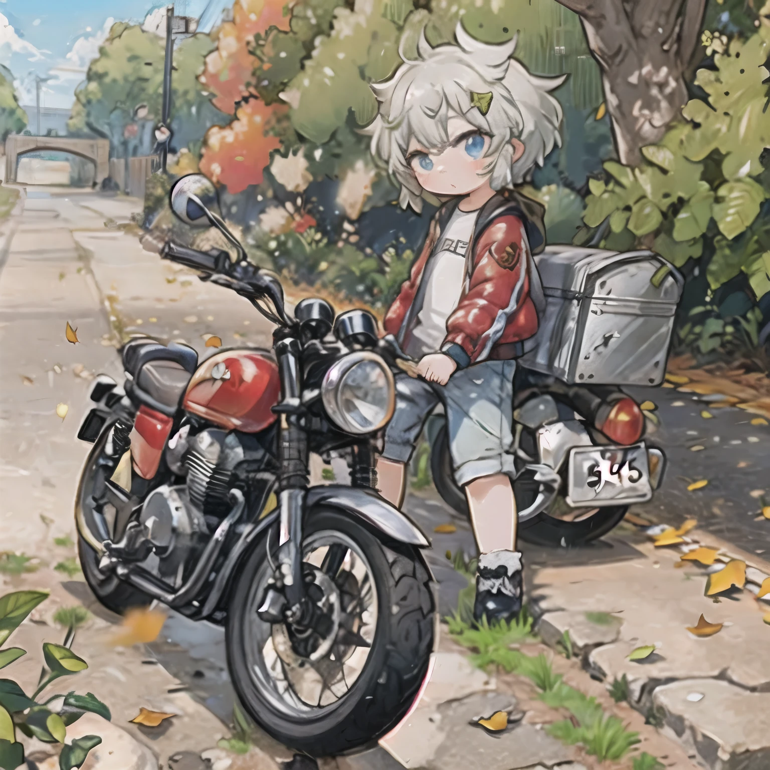 (  Masterpiece  ,   top quality:1.2), A young girl is riding a small motorcycle, Alone,   fallen leaves for vaginal discharge ，