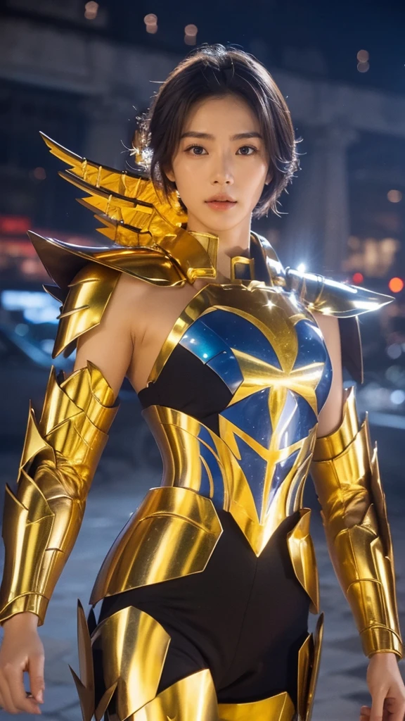 
(( 1 Woman ))) beautiful Korean girl,     ultra-realistic photography with cutting-edge details by Camus, Greek ruins in the background.    walking in shiny shiny golden metal armor  , Saint Seiya Armor, (((Cancer Armor))), Short blue hair ,   tousled hair,   Active Poses, beautiful,   blue eyes,   sunburned skin, Every Little Detail , beautiful face with details, walking at the   ancient Greek  ,   ancient Greek  ,  super high resolution, 8k, milky way, Night Sky,   shoulder armor that overhangs large above the shoulders  , Wearing a golden helmet,  sexy armor  , 