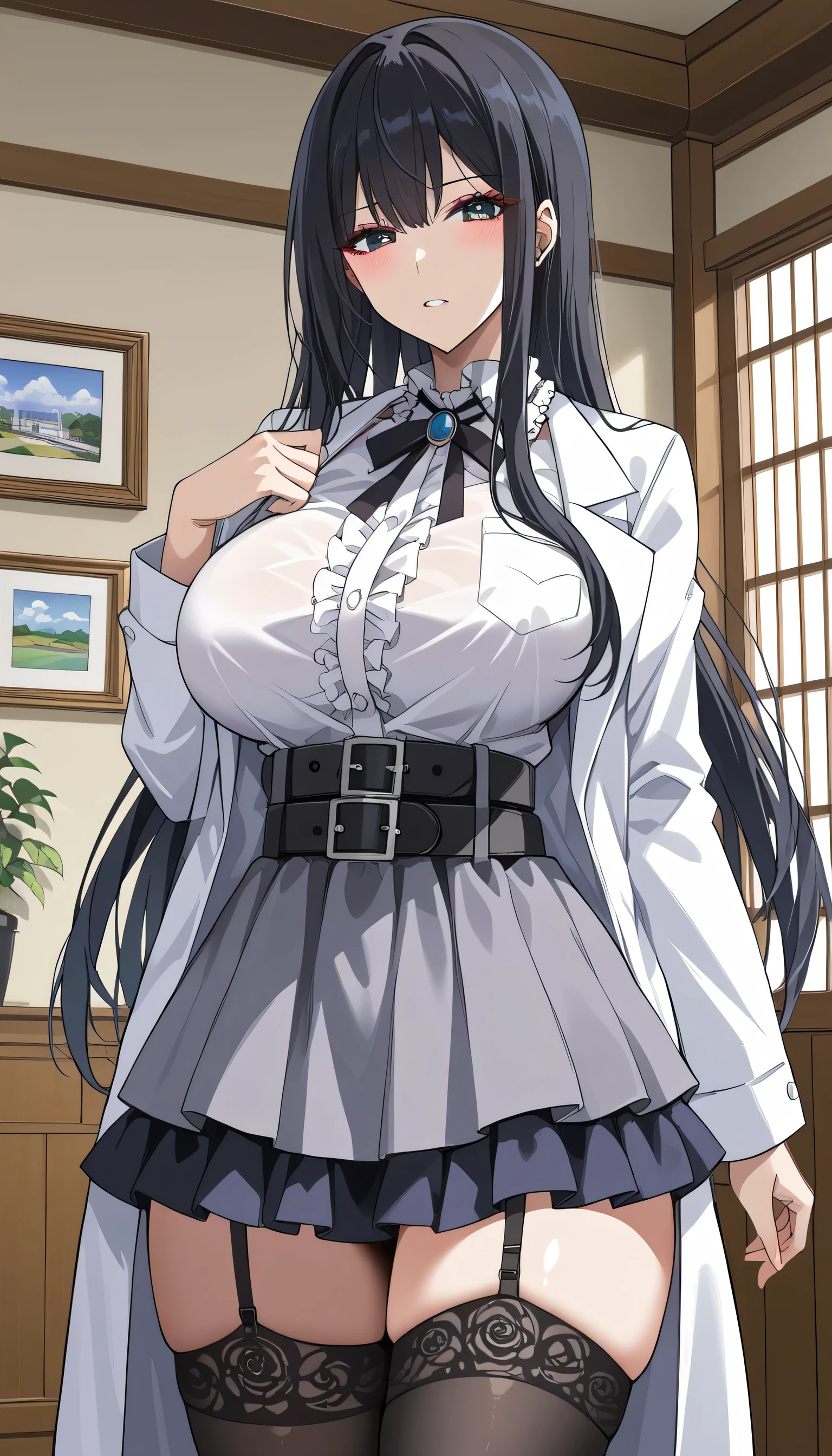 frustrated、Depressed、Bad mood、 I'm in a bad mood、 adult appeal 、Tall Women、A woman in her thirties、 Alassah's woman 、steins;Gate、Bad mood、 score_9, score_8_up, score_7_up, source_anime,masterpiece、Building district、City Street 、Akihabara Station、City、Around town、 No Emotion、 no makeup、 top quality, beautifully detailed eyes , Exquisite Eyes、A sophisticated eye、 highly detailed eyes and face,Unmotivated look、Apathetic face、 long breasts, 1 female, wear white coats、Grey dress shirt、 gothic ta 、 Gothic Lolihirt Under a White Coat、 Grey Gothic Lolita S 、Black Gothic Lolita Skirtray gothic lolita shirt、 BlGothic Lolita Skirt 、 Mini t、 short skirt , Big saggy breasts, shockingly Big Breasts , Big Breasts , room,Big Breasts、 boobs 、 zitales , makeup、 no makeup、 black hair、 long hair、Smooth straight hair、 black stockings、 garter belt、black garter belt 、 tall women、Tall Women、 plump thighs 、