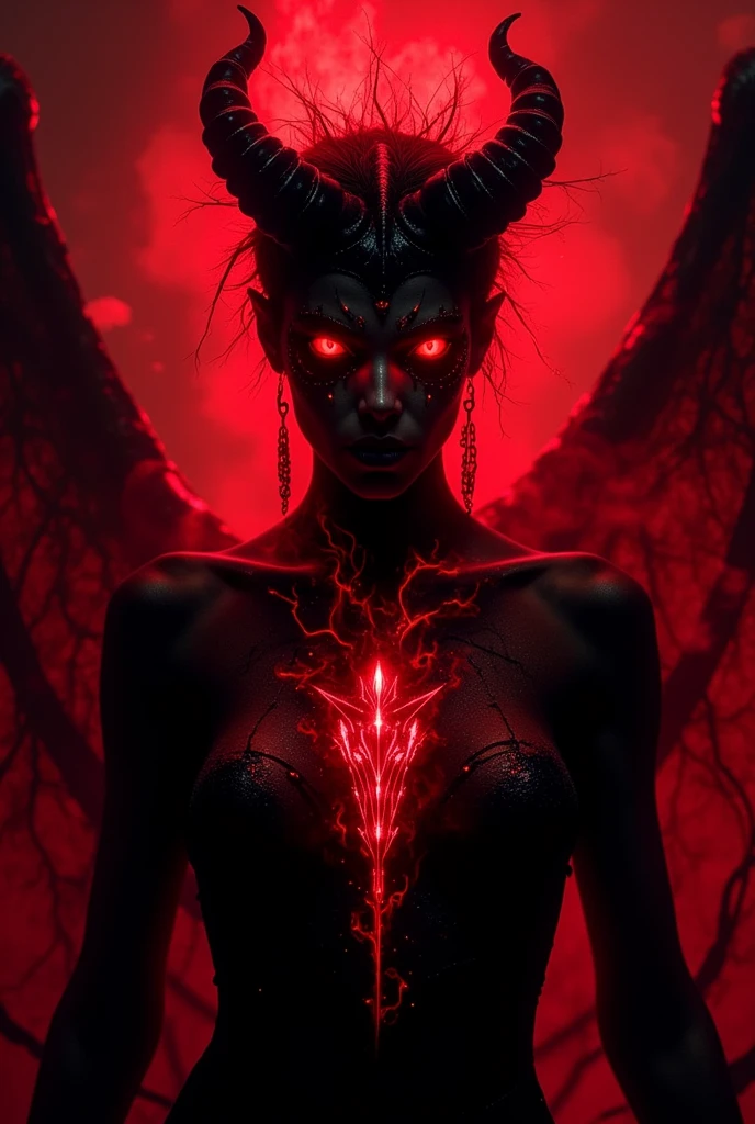 ((masterpiece)) ((Highest quality)) A dark and ominous female demonic entity with glowing red eyes and intricate glowing patterns across its face and chest. The creature is surrounded by black smoke and a fiery red aura, with sharp, radiant details resembling a crown or halo made of energy. The background is a deep shadowy void, emphasizing the contrast between the dark silhouette and the intense red light. The atmosphere is haunting, surreal, and otherworldly, with an emphasis on supernatural horror.