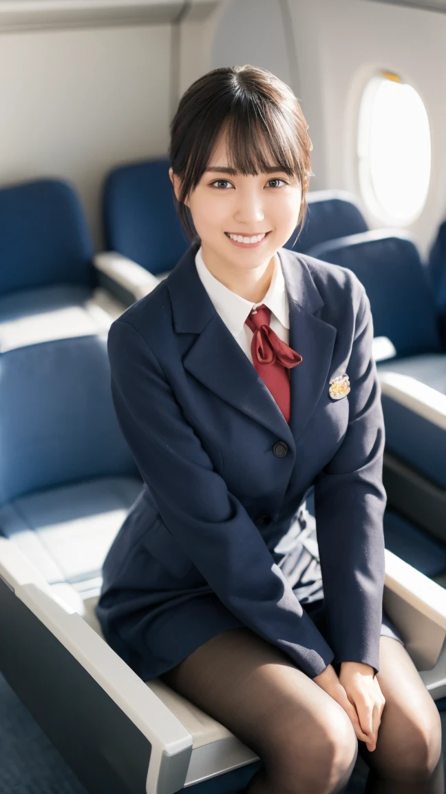 (highest quality,masterpiece:1.3,ultra high resolution),(Super detailed,caustics,8k),(photorealistic:1.4,RAW shooting),25 years old,Japanese,cute,stewardess uniform,black short hair,tights,smile and look down at the camera,big ,Are standing,inside the plane,low position,Low - Angle,face focus,Natural light