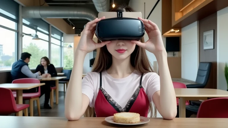 
a beautiful Korean girl like a kpop idol, wearing office clothes sitting in a cafe and holding both hands like a virtual reality headset, her whole body facing forward, there is a cafe table in front of her