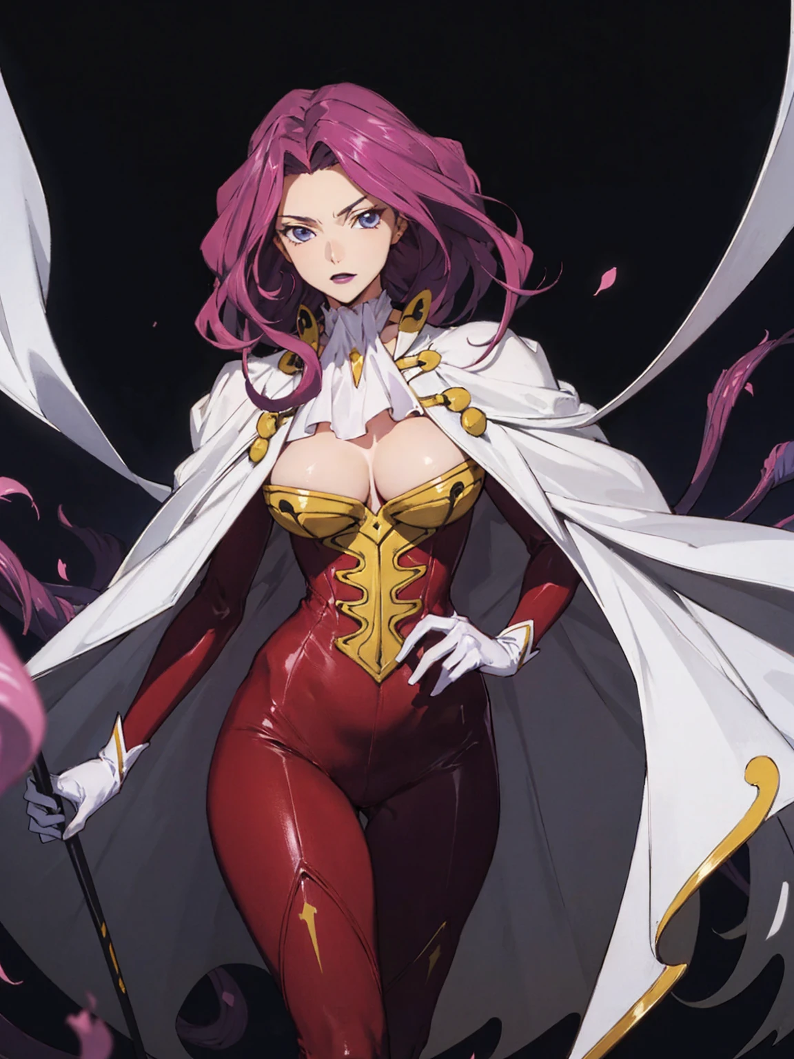 Cornelia_Britannia, One girl, Huge_chest, Large scale_chest, purple_eye, (It pstick:.98), (compensate:.8), Doll Suit, Are standing_in_intention, Salute, chic, thick_Thighs, 一人in, masterpiece, High leg leotard、Bare nipples、Well defined nipples、Crotch bite、Puffy nipples,Luxurious cloak,非常にHuge乳首