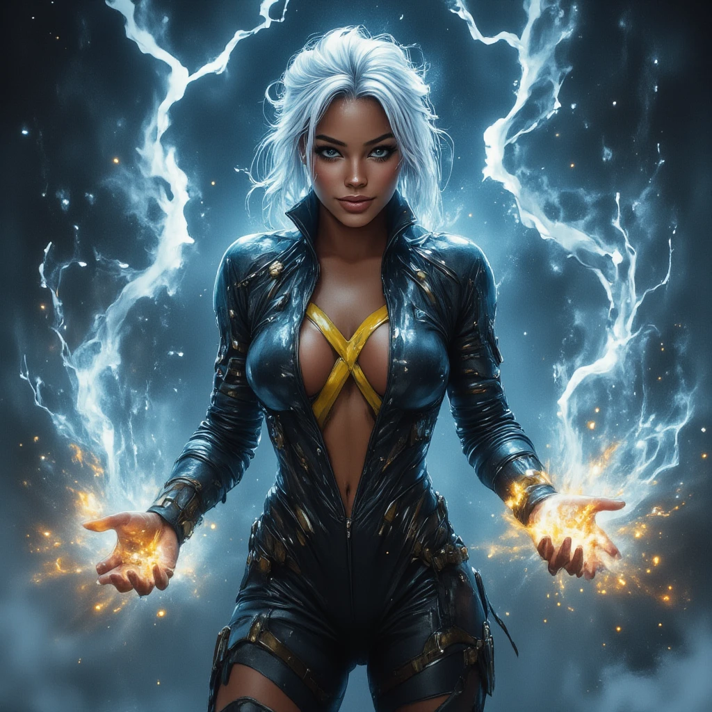 storm ( Marvel character Halle Berry ), Afro ,  black-skinned woman with very short white brushed hair, bright white eyes ,  wears a black leather jumpsuit with a big yellow X, seductive and completely open on the front.  She is surrounded by fog and stormy lightning that spring from her hands.  Proud look and captivating smile .  Luis Royo style  