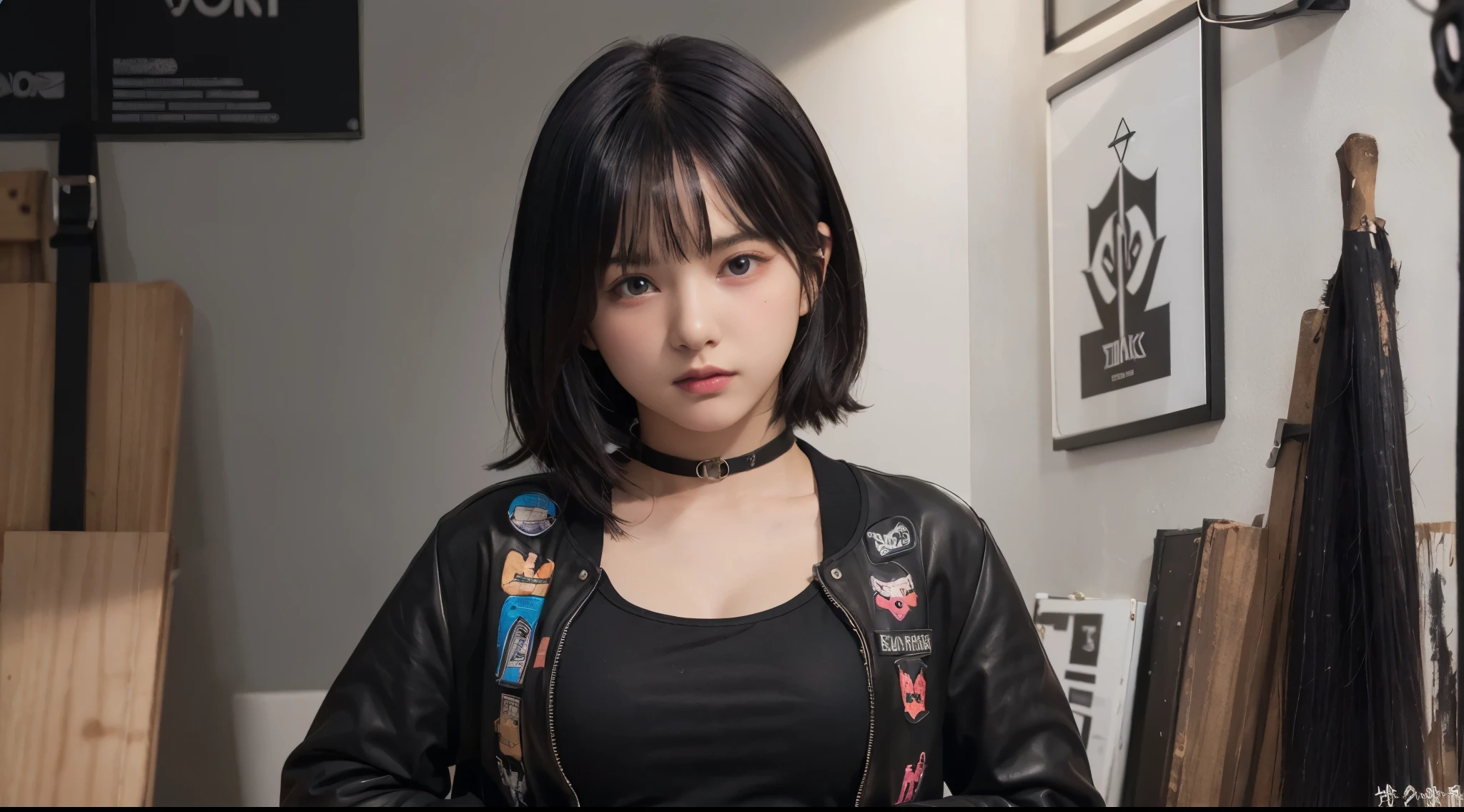 girl, standing, striking colorful jacket, patches, multiple patches, various logo, pins, symbol, textual elements, wall, (young, early teen, cute:1.6), (breasts), various logo, symbol, design elements, black hair, attractive, dark fantasy, crafting, painting, tight black leather choker,