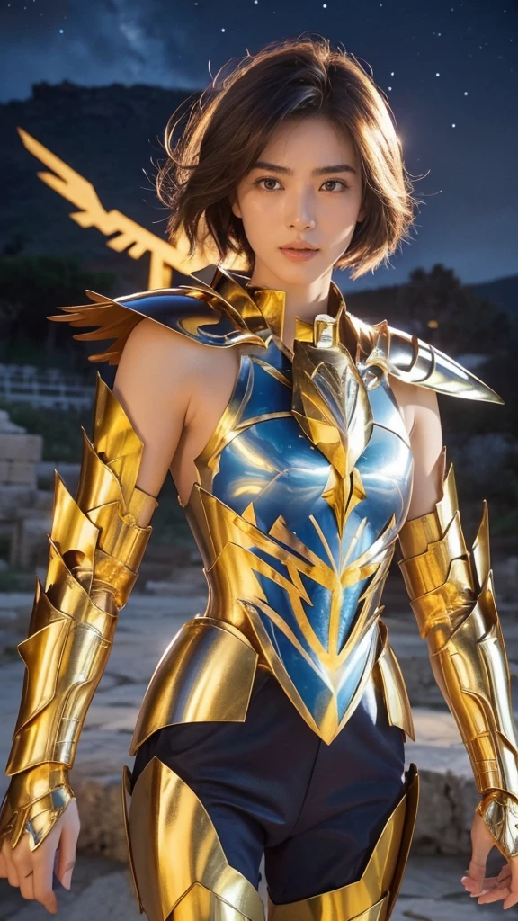 
(( 1 Woman ))) beautiful女性,     ultra-realistic photography with cutting-edge details by Camus, Greek ruins in the background.    walking in shiny shiny golden metal armor  , Saint Seiya Armor, (((Cancer Armor))), Short blue hair ,   tousled hair,   Active Poses, beautiful,   blue eyes,   sunburned skin, Every Little Detail , beautiful face with details, walking at the   ancient Greek  ,   ancient Greek  ,  super high resolution, 8k, milky way, Night Sky,   shoulder armor that overhangs large above the shoulders  , Wearing a golden helmet,  sexy armor  , 