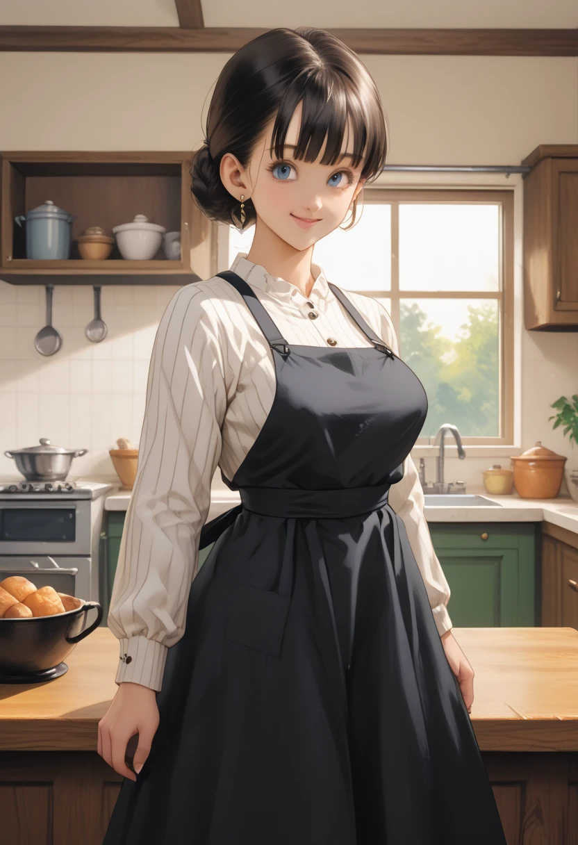 ((realistic)), (masterpiece, best quality),hot (milf), woman standing in kitchen, wearing grey dress, long skirt autum dress vertical stripes,wide hips,wearing black apron, large breasts,saggy breasts, (shoulder cut hair, cute bangs, bangs), long skirt, smiling, facing viewer, earrings,  cupboard, stove, window, blue eyes,