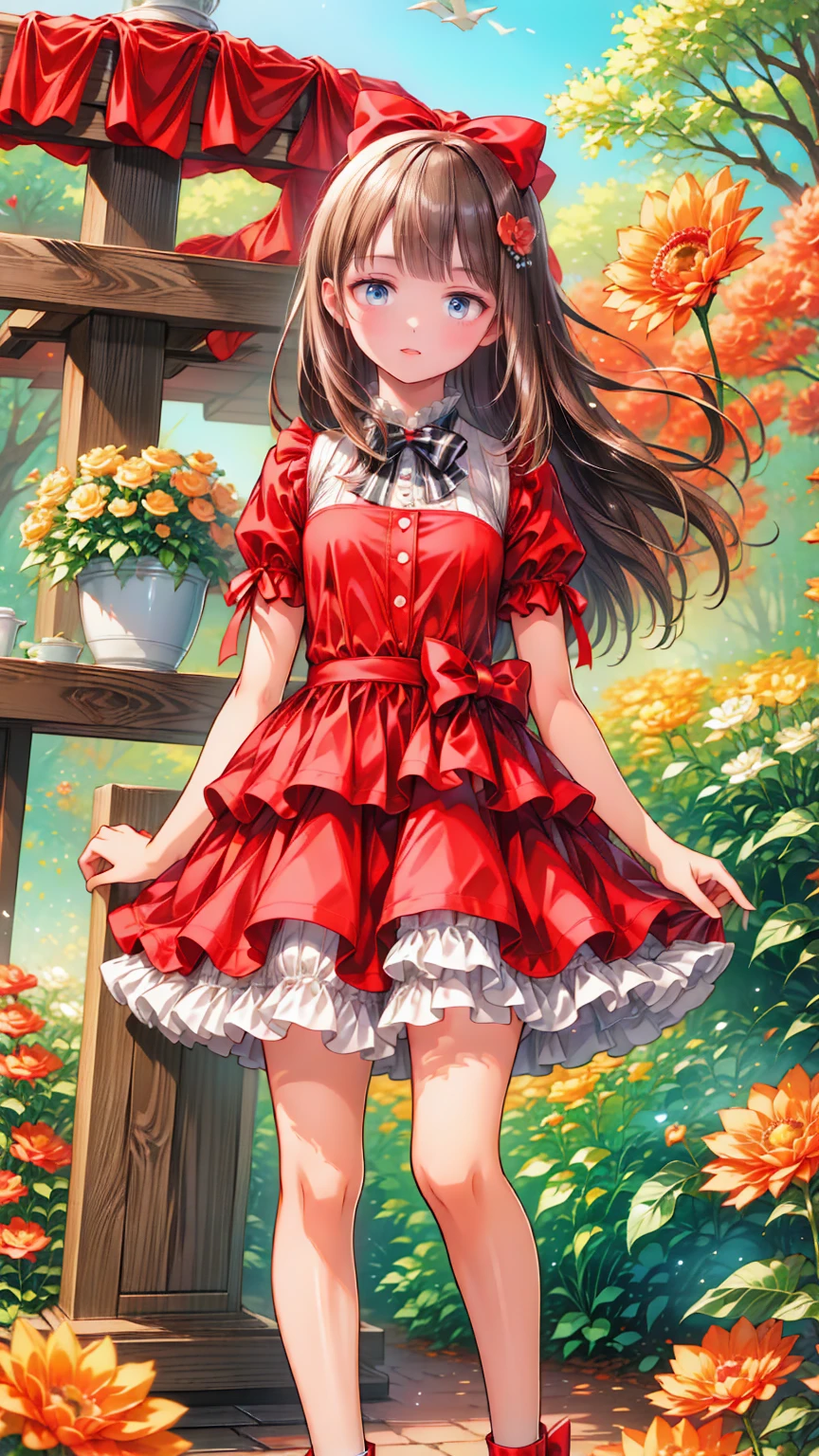  top quality,  Masterpiece  ,  realistic , photo realistic , 1people々of***, 一peopleで, smile,  black hair,  long hair,  standing, whole body, cyb  dress,  dress, pink  dress, layered  dress, frilled  dress, Short sleeve, Bloomers , white Bloomers , ribbon, bowtie, frills, bow,  dress bow, heart symbol  , hair bow,  hair ornament ,  ruffle socks , プラットフォームofヒール , amusement park, people々々,  detailed background,
