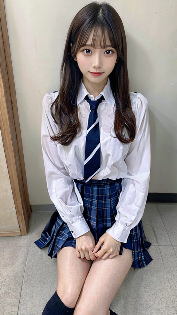 ((Top quality, 8k, Masterpiece: 1.3)), beauty, hidden face, 1 girl, beauty: 1.3, slender abs: 1.1, Japanese high school uniform, white shirt, full, plaid short skirt, bow tie, over-the-knee socks, long black hair, (kneeling on the bed), ultra-detailed face, highly detailed lips, detailed eyes, double eyelids, strict head and body ratio: 1.5,