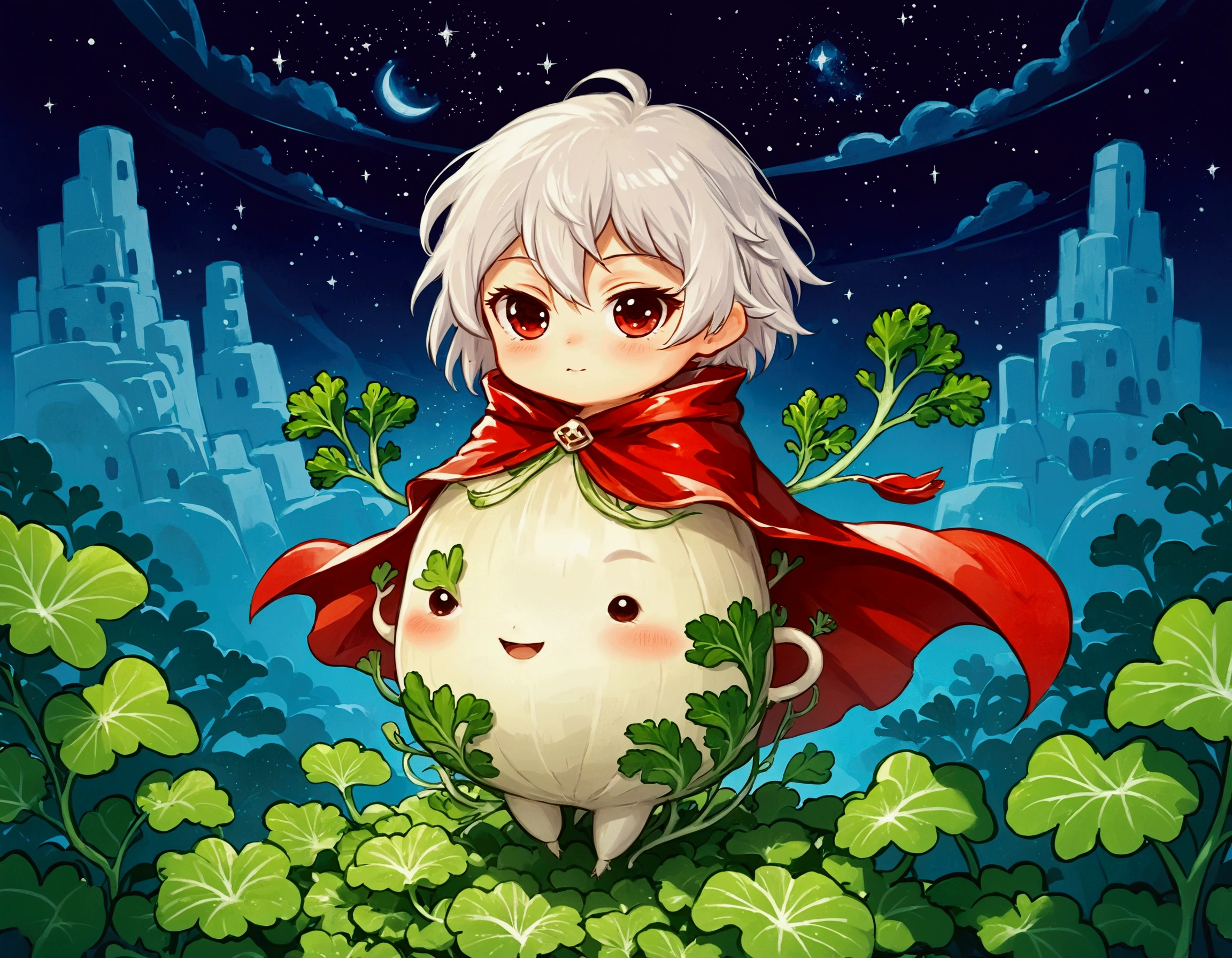 chibi daikon, cute, posing as a Squadron Hero, wears a red cape, detailed daikon, dark fantasy, painted strongly with a thick brush using a white palette,