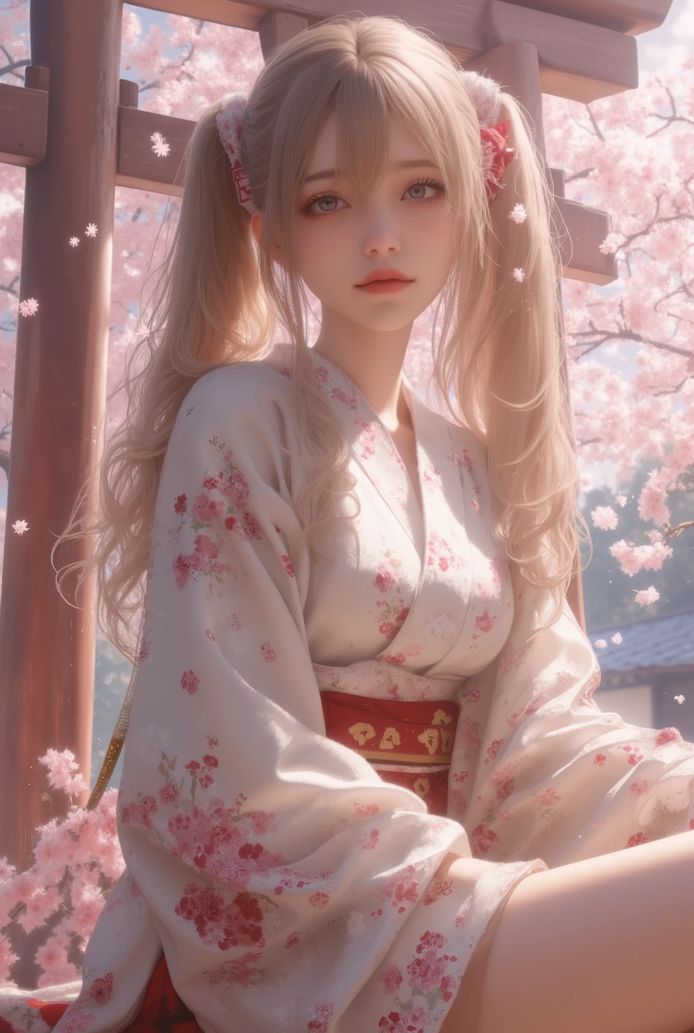 Anime girl in kimono outfit sitting on a bench with cherry blossoms ...