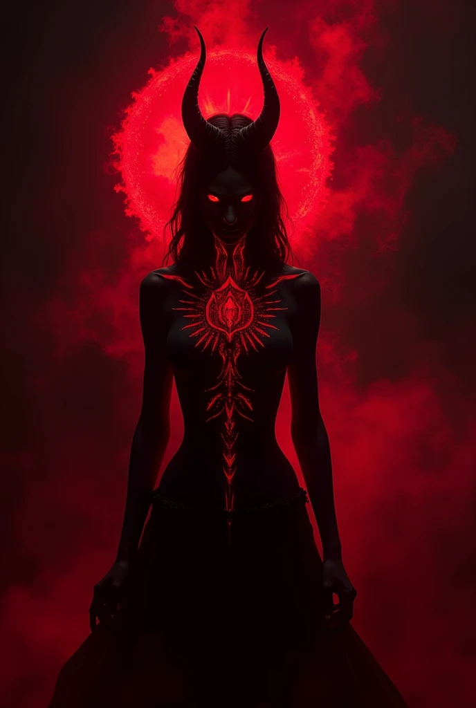 ((masterpiece)) ((Highest quality)) A dark and ominous female demonic entity with glowing red eyes and intricate glowing patterns across its face and chest. The creature is surrounded by black smoke and a fiery red aura, with sharp, radiant details resembling a crown or halo made of energy. The background is a deep shadowy void, emphasizing the contrast between the dark silhouette and the intense red light. The atmosphere is haunting, surreal, and otherworldly, with an emphasis on supernatural horror.