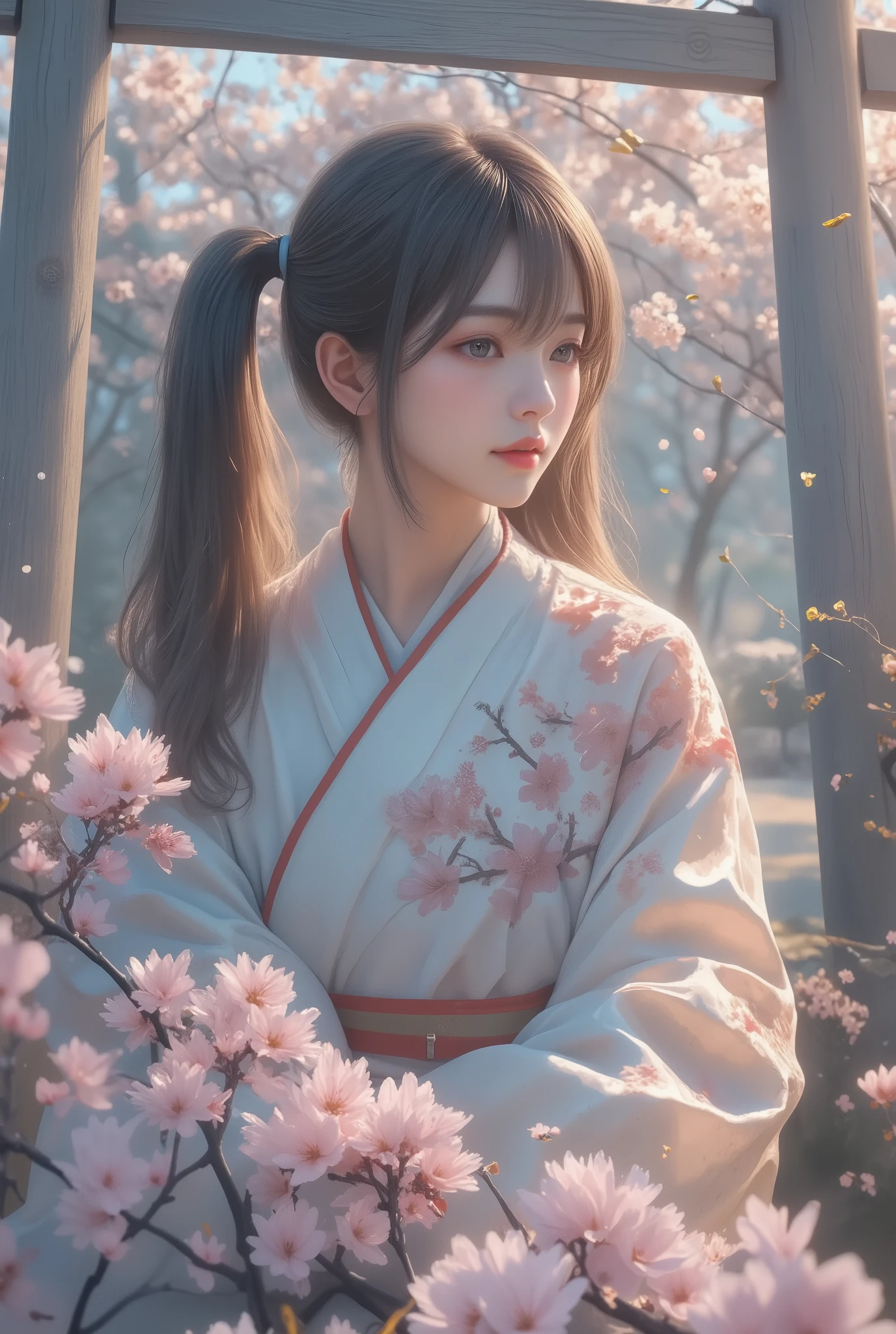 Impressionism style,Pointillism,soft dotted textures,muted pastel tones, japanese girl,dreamy shrine maiden,long flowing hair,twin tails with subtle highlights,traditional kimono with hand-painted floral designs,peaceful sitting pose,serene garden setting,delicate cherry blossoms gently falling,wooden torii gate,tranquil and timeless atmosphere