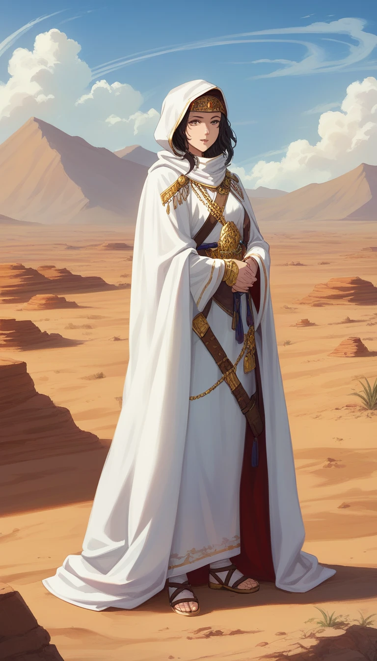  desert landscape and an anime girl dressed in white standing in the desert, Desert Warrior Ancient Mage,  Kushart Krentzky Art Feminine , ( (  character concept art  ) ), flowing white coat , Artgerm and Atey Ghailan ,  detailed anime character art,   white cloak , Hannah Yata, ! Dream Art Germ, gold and   white cloak 