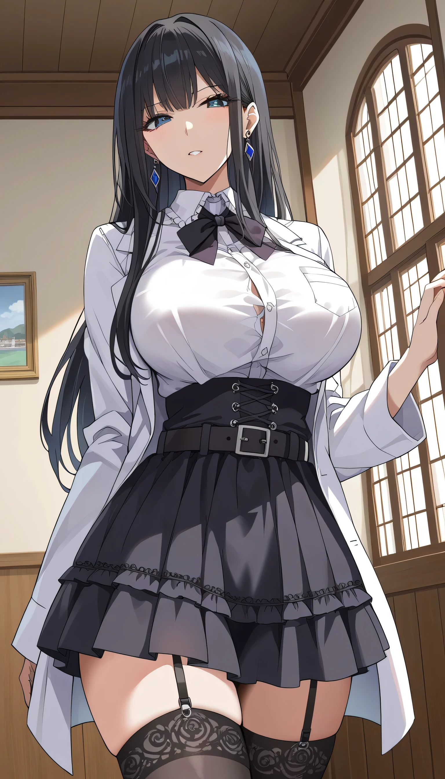 frustrated、Depressed、Bad mood、 I'm in a bad mood、 adult appeal 、Tall Women、A woman in her thirties、 Alassah's woman 、steins;Gate、Bad mood、 score_9, score_8_up, score_7_up, source_anime,masterpiece、Building district、City Street 、Akihabara Station、City、Around town、 No Emotion、 no makeup、 top quality, beautifully detailed eyes , Exquisite Eyes、A sophisticated eye、 highly detailed eyes and face,Unmotivated look、Apathetic face、 long breasts, 1 female, wear white coats、Grey dress shirt、 gothic ta 、 Gothic Lolihirt Under a White Coat、 Grey Gothic Lolita S 、Black Gothic Lolita Skirtray gothic lolita shirt、 BlGothic Lolita Skirt 、 Mini t、 short skirt , Big saggy breasts, shockingly Big Breasts , Big Breasts , room,Big Breasts、 boobs 、 zitales , makeup、 no makeup、 black hair、 long hair、Smooth straight hair、 black stockings、 garter belt、black garter belt 、 tall women、Tall Women、 plump thighs 、