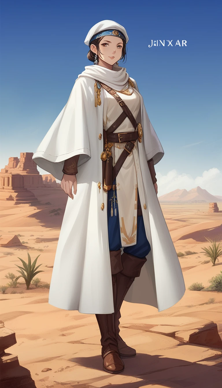  desert landscape and an anime girl dressed in white standing in the desert,  concept art：Jan J,  pixib,  fantasy art , Desert Warrior Ancient Mage,  Kushart Krentzky Art Feminine , ( ( キャラクター concept art ) ), flowing white coat , Artgerm and Atey Ghailan ,  detailed anime character art,   white cloak , Hannah Yata, ! Dream Art Germ