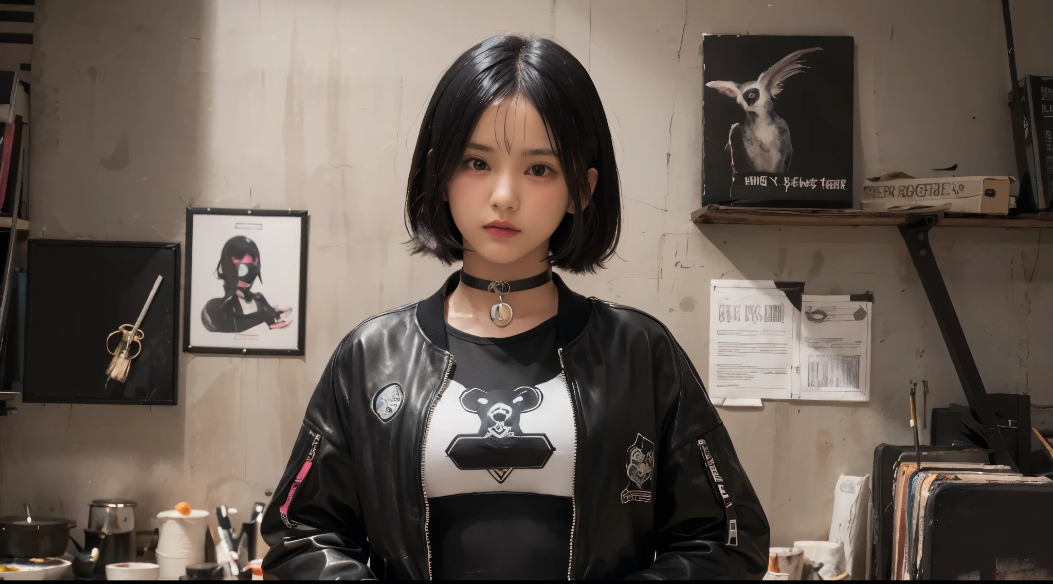 girl, standing, striking colorful jacket, patches, multiple patches, various logo, pins, symbol, textual elements, wall, (young, , cute:1.6), (breasts), various logo, symbol, design elements, black hair, attractive, dark fantasy, crafting, painting, tight black leather choker,