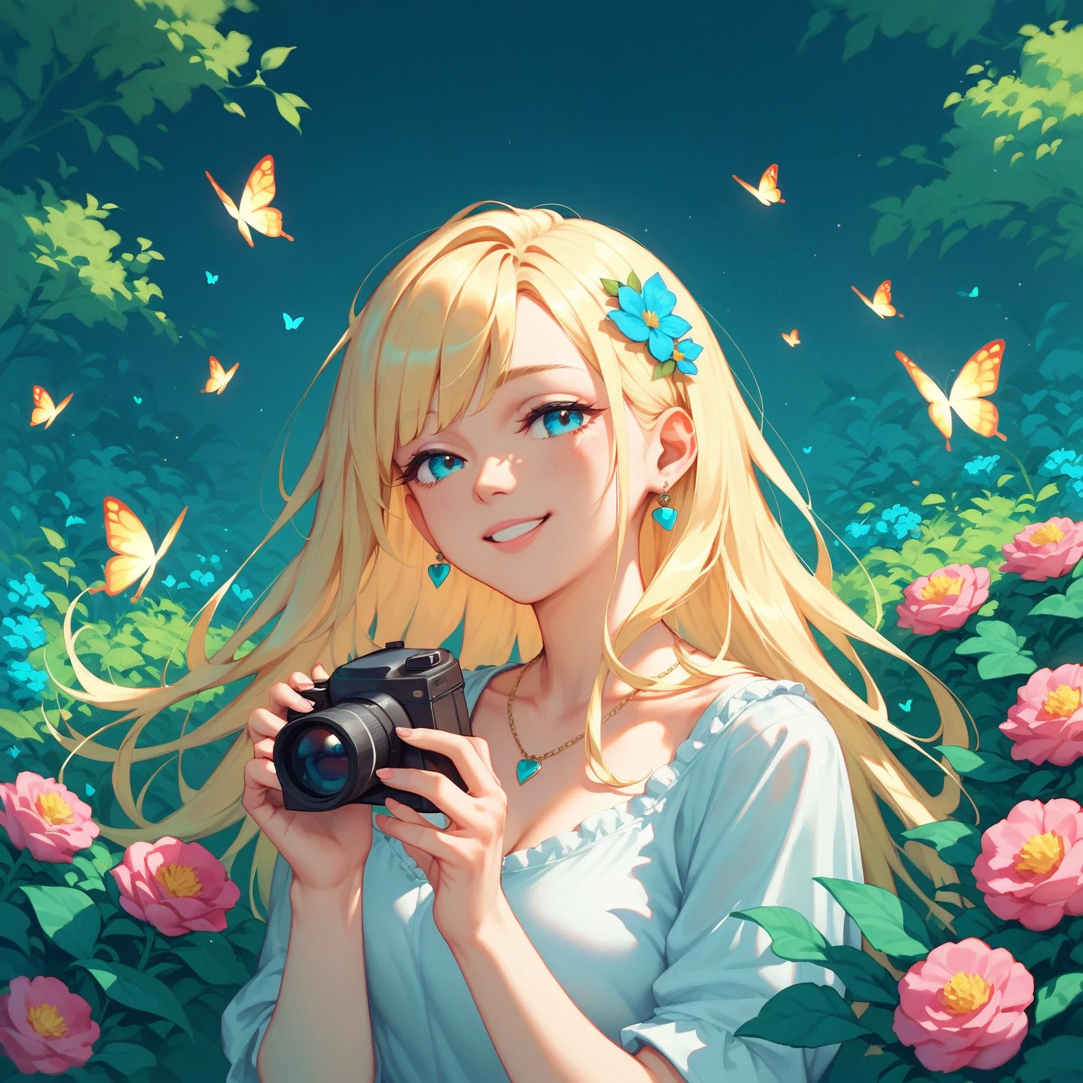 The female character has a straight face, scale bust up, both hands holding a camera on the left side of her chest, long hair, a soft smile, the background is a bright flower garden and flying butterflies.