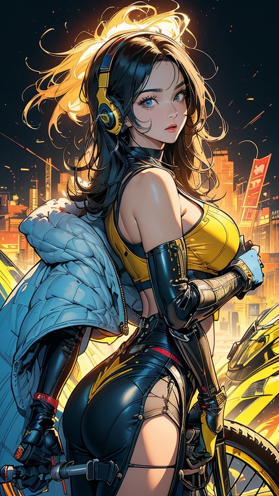(best quality:1.2,highres,ultra-detailed), detailed face and body of Yuri from The Dirty Pair, stunning Asian beauty, expressive brown eyes, luscious lips, long flowing black hair, (skimpy yellow outfit), (revealing cleavage), confident and sexy pose, (cyberpunk-inspired city background), neon lights illuminating the scene, vibrant colors, (futuristic and edgy atmosphere), stylish and sleek architecture, dynamic angles and composition, (sci-fi and anime fusion), perfect balance between beauty and strength