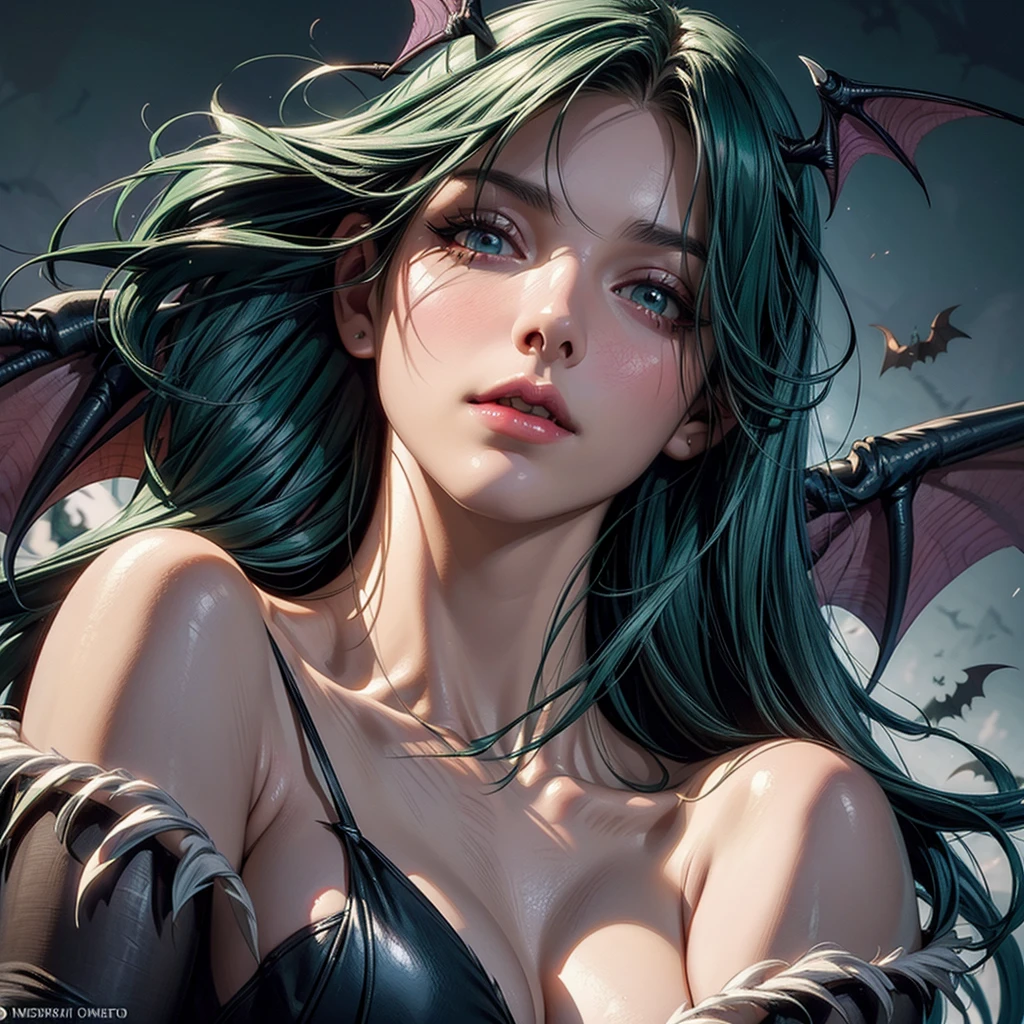 Morrigan Aensland,upper body:1.3,dynamic sensual pose, Long green hair, (((bat wings))) , Detailed skin textures, intricate, face detailed, hyper realist, realistic light and shadows , ((cinematic lighting)) . Abstract Painting Background,parted lips,