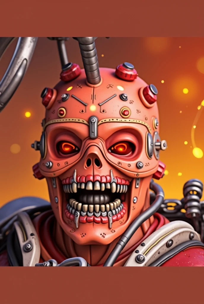 "Transform the detailed skull with a metal blindfold, chains, and mechanical elements into a hyper-realistic robotic head. Replace the organic parts of the skull with metallic plates, gears, and wires while maintaining the menacing look. The metal blindfold should have LED lights, and the open mouth should feature a mechanical jaw with metallic teeth and glowing circuits. Add realistic textures to the metal parts, including reflections and weathered details. The chains should remain, but they should appear as metallic cables with intricate mechanical components. The background should remain dark but incorporate elements like glowing circuits or a futuristic design to enhance the robotic transformation."