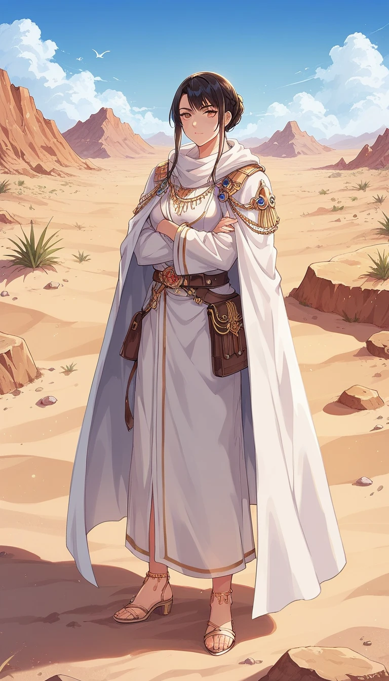  desert landscape and an anime girl dressed in white standing in the desert, Desert Warrior Ancient Mage,  Kushart Krentzky Art Feminine , ( (  character concept art  ) ), flowing white coat , Artgerm and Atey Ghailan ,  detailed anime character art,   white cloak , Hannah Yata, ! Dream Art Germ, gold and   white cloak 