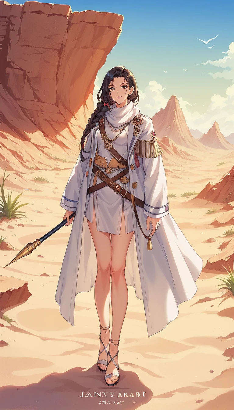  desert landscape and an anime girl dressed in white standing in the desert,  concept art：Jan J,  pixib,  fantasy art , Desert Warrior Ancient Mage,  Kushart Krentzky Art Feminine , ( ( キャラクター concept art ) ), flowing white coat , Artgerm and Atey Ghailan ,  detailed anime character art,   white cloak , Hannah Yata, ! Dream Art Germ