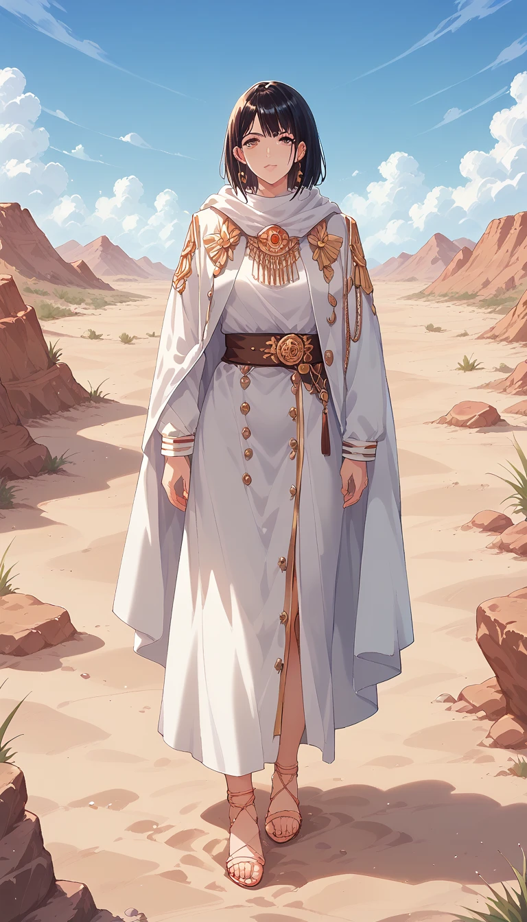  desert landscape and an anime girl dressed in white standing in the desert, Desert Warrior Ancient Mage,  Kushart Krentzky Art Feminine , ( (  character concept art  ) ), flowing white coat , Artgerm and Atey Ghailan ,  detailed anime character art,   white cloak , Hannah Yata, ! Dream Art Germ, gold and   white cloak 