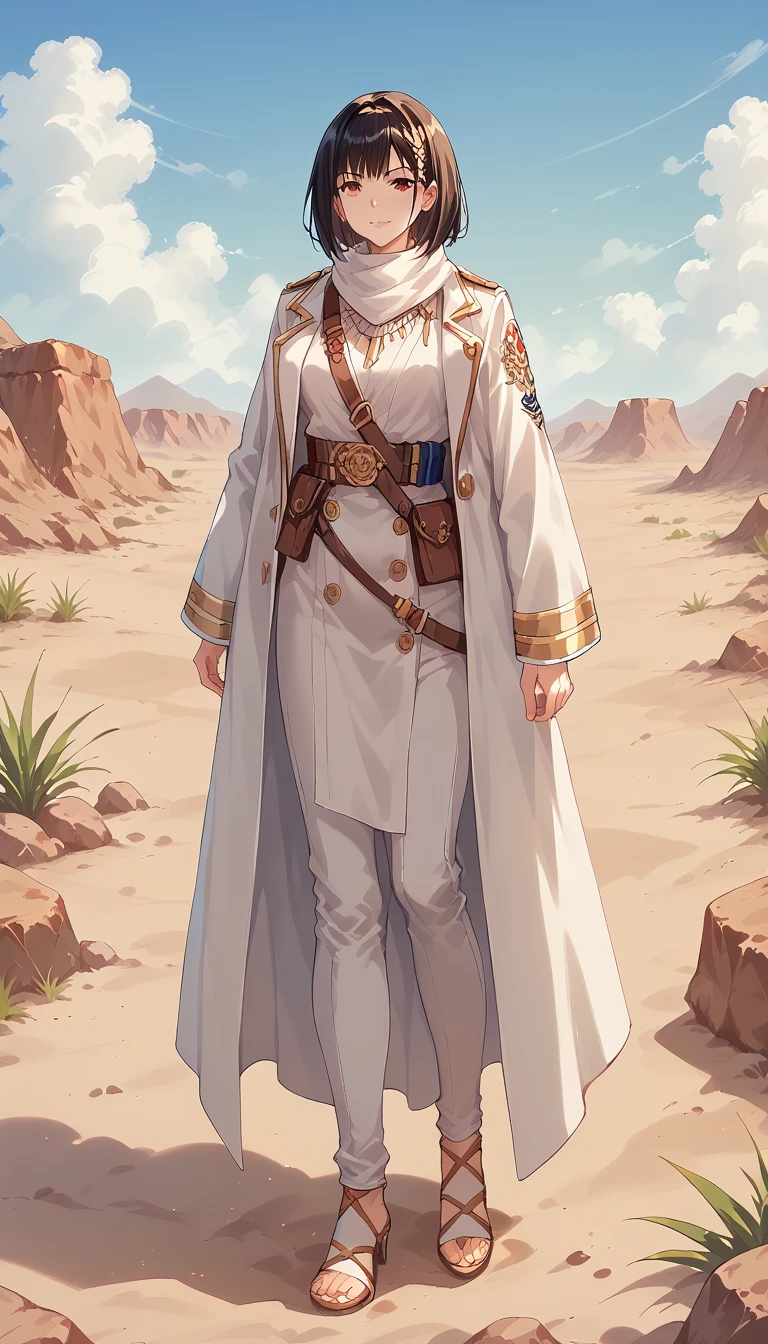  desert landscape and an anime girl dressed in white standing in the desert,  concept art：Jan J,  pixib,  fantasy art , Desert Warrior Ancient Mage,  Kushart Krentzky Art Feminine , ( ( キャラクター concept art ) ), flowing white coat , Artgerm and Atey Ghailan ,  detailed anime character art,   white cloak , Hannah Yata, ! Dream Art Germ