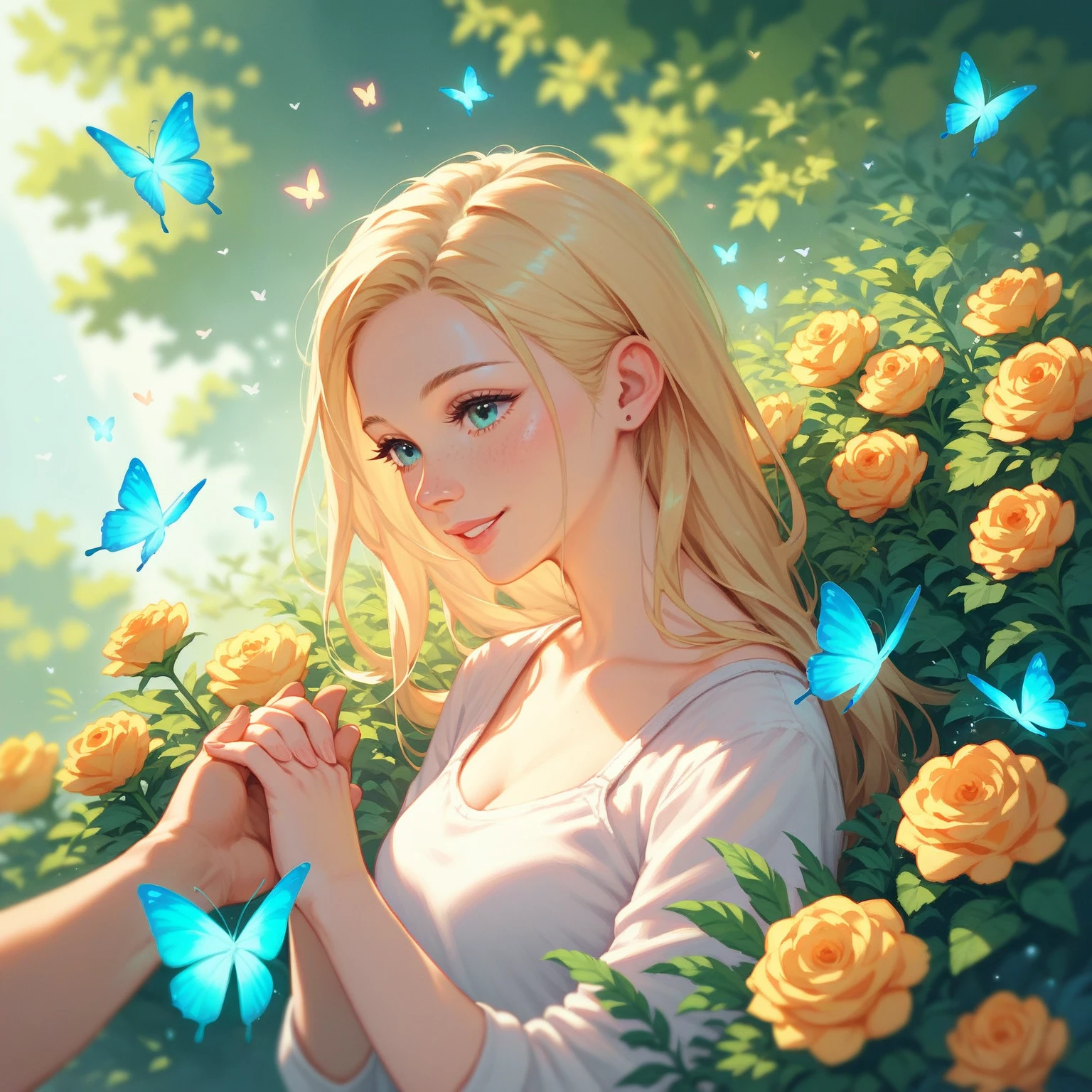 The female character has a straight face look at us, scale bust up, both hands holding a camera on the left side of her chest, long hair, a soft smile, the background is a bright flower garden and flying butterflies.