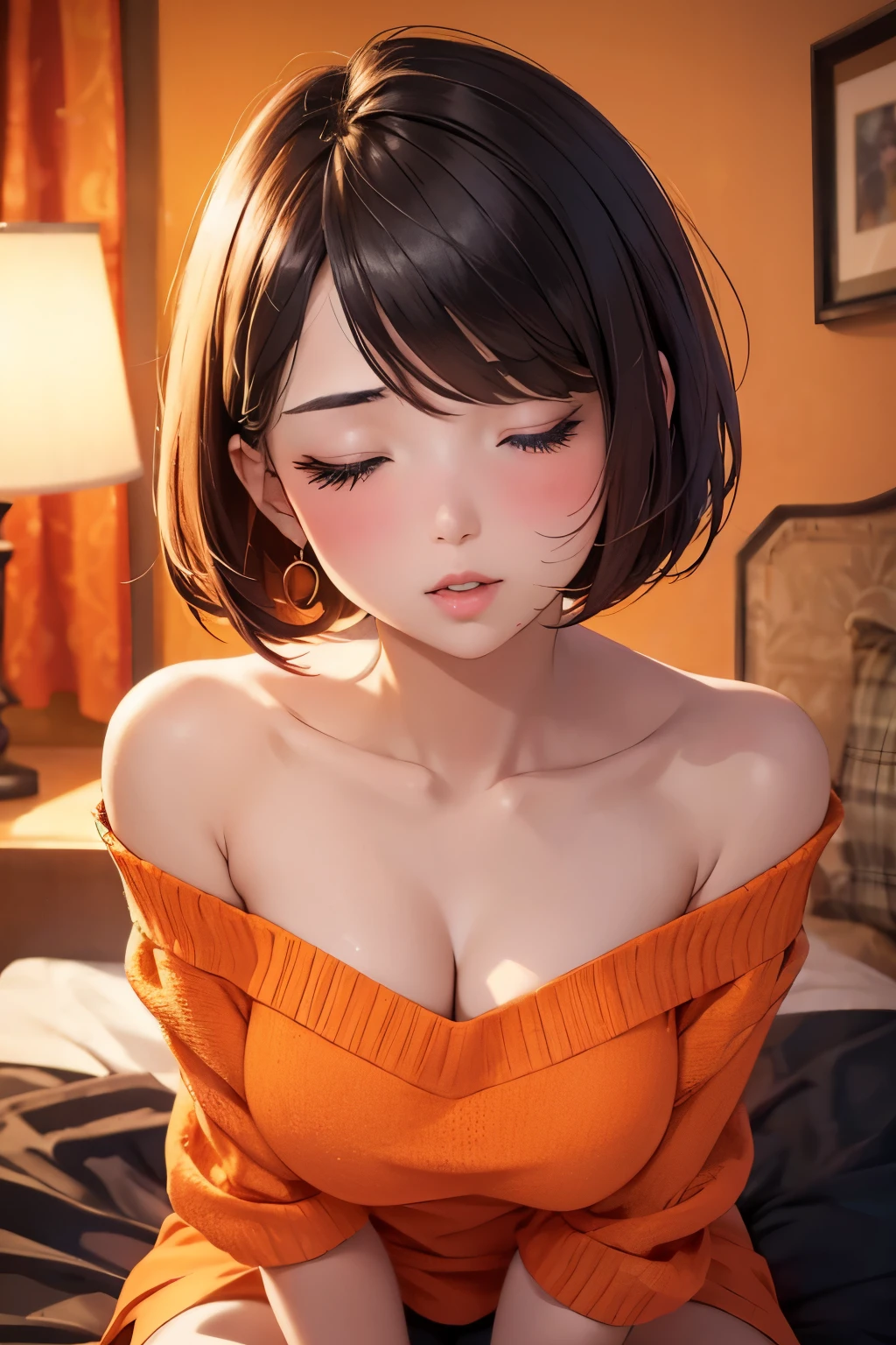 (And chest)、(oversized_Wearing a sweater)、(middlebreasts、tomgirl、the head is small))、sunlights、(the perfect body : 1.1)、(Short straight hair : 1.2)、（reddish brown hair）、((With smiling eyes)) (((great laughter))、Sit on the bed、　(Highly detailed CG 8K wallpaper)、(extremely delicate and beautiful)、(​masterpiece)、(top-quality:1.0)、(超A high resolution:1.0)、beautiful  lighting、perfect lightning bolt、realistic shadow、[hight resolution]、Detailed skin、ultra-detailliert