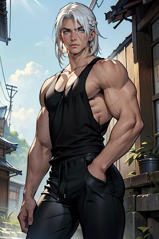1boy, adult, handsome, perfect face, detailed eyes and face, clean shaved, sixpack realistic, white eyebrow hair, white eyelashes, dynamic lighting, unreal engine 5, hd picture, satoru gojo, white hair, short hair ,hair between eyes ,blue eyes, white skin, milk pink nipple