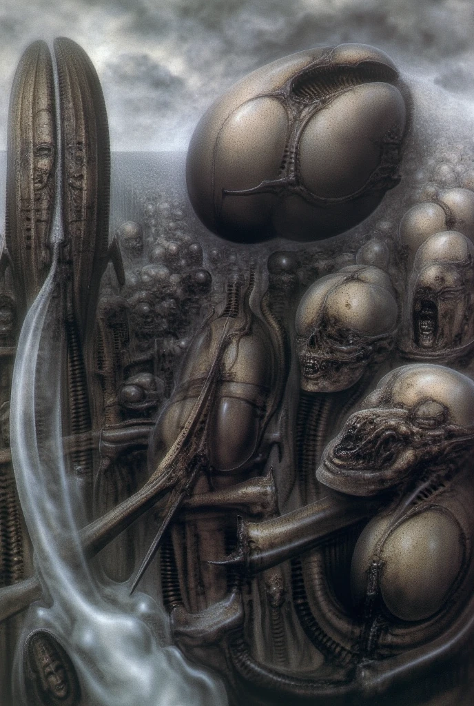 HRGGR, The image is a detailed view of H.R. Giger's biomechanical tableau \" Vlad Tepes \" plate, featuring The composition of Vlad Tepes shows an environment worked out in a way to give the impression of three dimensions.

 Group of  elongated humanoid figures with angsty face expressions
omething that looks like a vast walnut is being broken open at the base of the picture.

There are tall shadowy figures with ribbed serpentine bodies, one on the left is armed with a cross shaped spike, while the swirling forms of the river and the fog add a touch of dynamism and chaos. The use of a limited color palette, primarily shades of gray and black, contributes to the overall sense of foreboding and mystery. These structures could be overgrown with fleshy, organic forms, suggesting decay and
 corruption. Color Palette: A monochromatic palette of dark grays and blacks would create a sense of foreboding and mystery. Consider adding subtle hints of red or green to highlight certain details or to evoke a sense of decay. Lighting: Use dramatic lighting to create a sense of depth and atmosphere. A single, harsh light source could cast long, distorted shadows, adding to the overall sense of unease. Symbolism and Storytelling: The Curse: The skeletal figure could be depicted in a state of torment, perhaps clawing at its own flesh or contorted into an unnatural position. This could symbolize the physical and psychological suffering caused by the curse. The Labyrinth: The labyrinthine network of tubes and pipes could represent the labyrinthine nature of the curse itself, trapping the victim in an endless cycle of suffering. The Unmaskable: The figure's face could be obscured by a mask or a veil, symbolizing the hidden nature of the curse and its enduring power.  Sharp focus on foreground elements illustration. Deep and delicate DOF. Big painting. Stored in Louvre masterpiece, ooze soaked pajama top