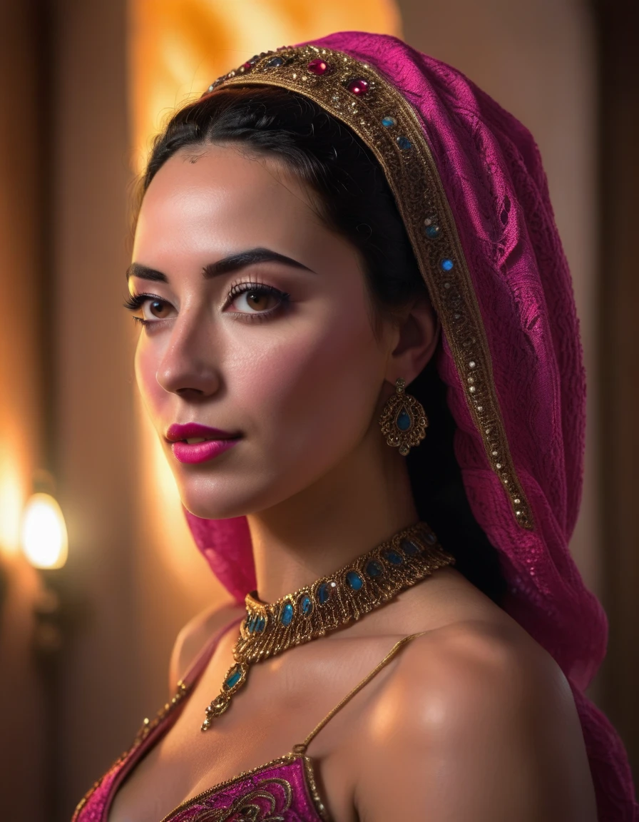 a beautiful young woman in Tunisia, coquettish flirting with the viewer, dramatic lighting, photorealistic, intricate details, cinematic atmosphere, vivid colors, masterpiece