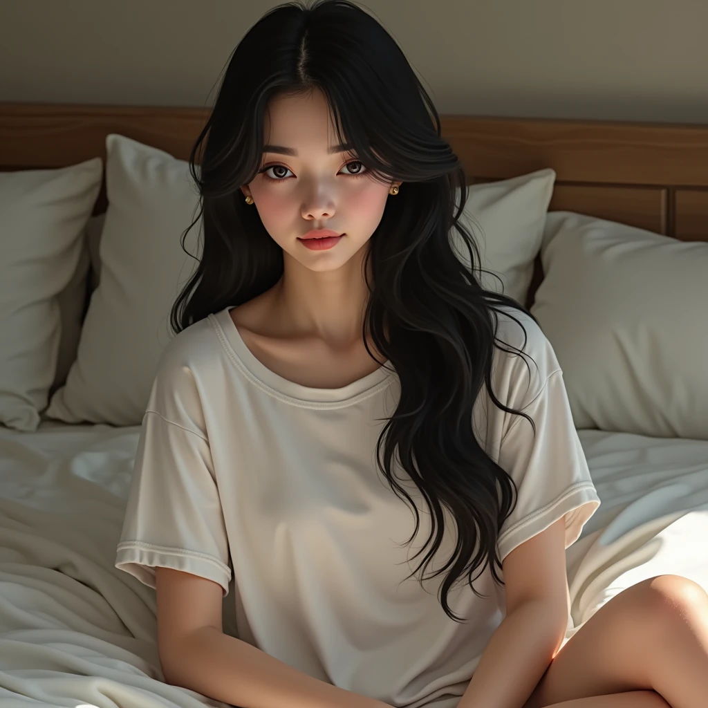 Ultra-high resolution, (Realistic: 1.4), RAW Photos, Highest quality, (Realisticistic), concentrated, Soft Light, ((23 years old)), ((Japanese)), (front, Young Face))), (Written boundary depth), (one piece), masterpiece, (Realistic), woman, Long Hair、Black Hair,  Bedroom、Large Breasts、Sleep on your back:1.5、pajamas:1.5、pajamas、whole body、barefoot、Thighs