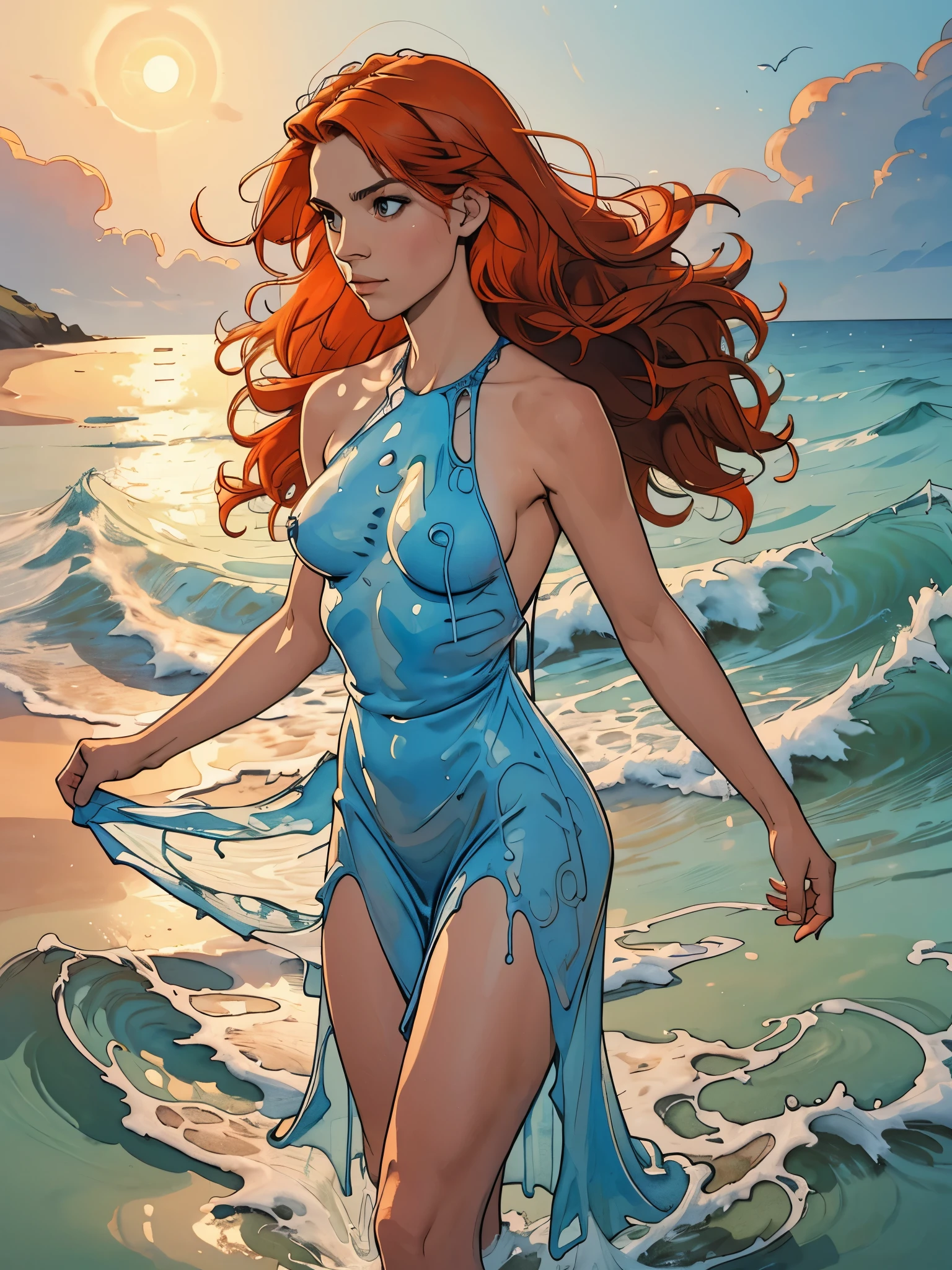 (masterpiece, best quality), ((1girl, solo, long hair)), Ishmael_limbus, innocence expression, bare arms, bare shoulders, bare neck, watercolor, sundress, liquid clothes, water, waves, water dress, blue_theme, night, mist, dark, sharp focus, sea, see-through dress, orange hair