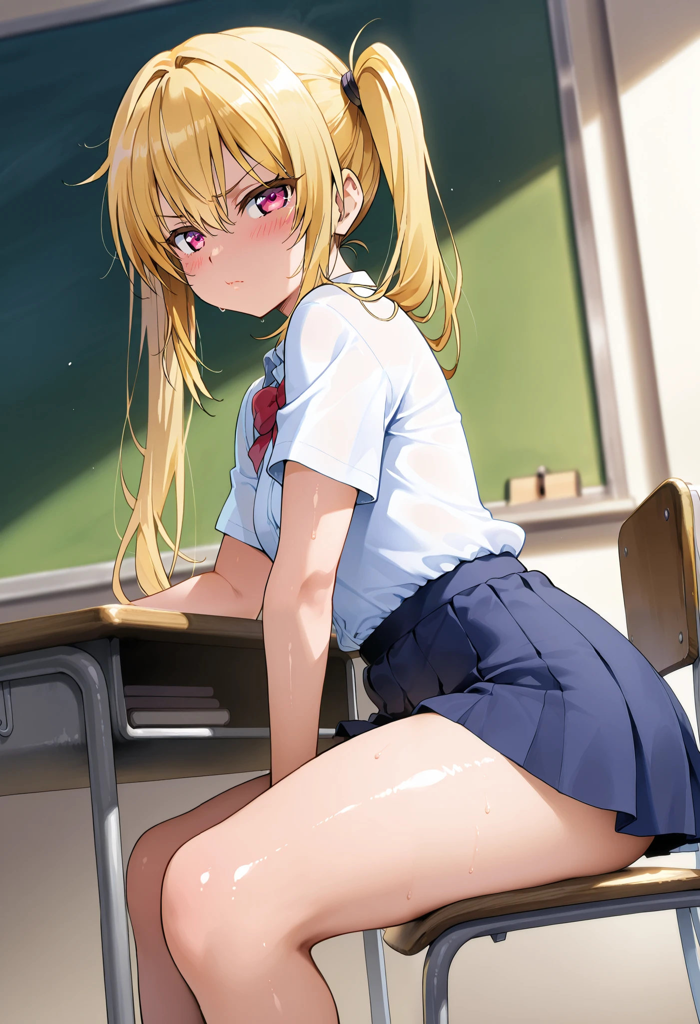 (NSFW:1.2), No modification, table top, (absurd:1.1), very detailed and beautiful, anime style, 1 girl, blue eyes, blonde, Sheer blouse, Unbuttoned blouse, open shirt, pleated skirt, hair clip, small breasts, classroom, Peace sign by hand, lying on the desk with legs apart, Bend your knees and open legs,  twin tail hair, sweating, chest comes out, 1 boy, (sex:1.3)