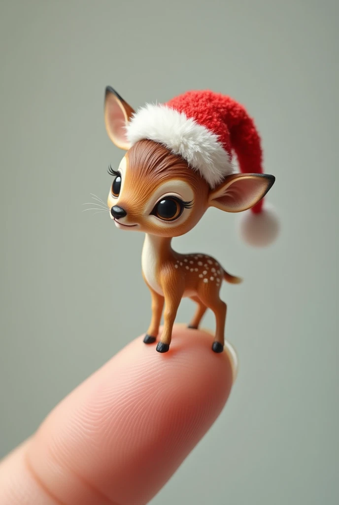 small deer cub with Santa Claus cap on a human finger