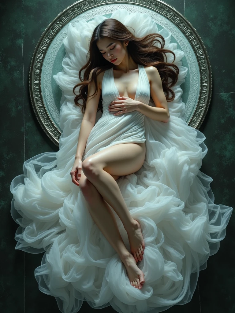 photo realistic a stunning nymph lie down curling up on the middle of ancient hierogliph mantra circle surrounded by thousand mirrors make a reflection of her perfectness, bare skin wrapped in long flowing tulle scarf around neck, hand on the chest, flawless legs, white porcelain glowing skin, long tulle veil,flowing long straight hair, "photo taken from straight above her, ceiling angle shot", dimmed lights, looking to viewer,