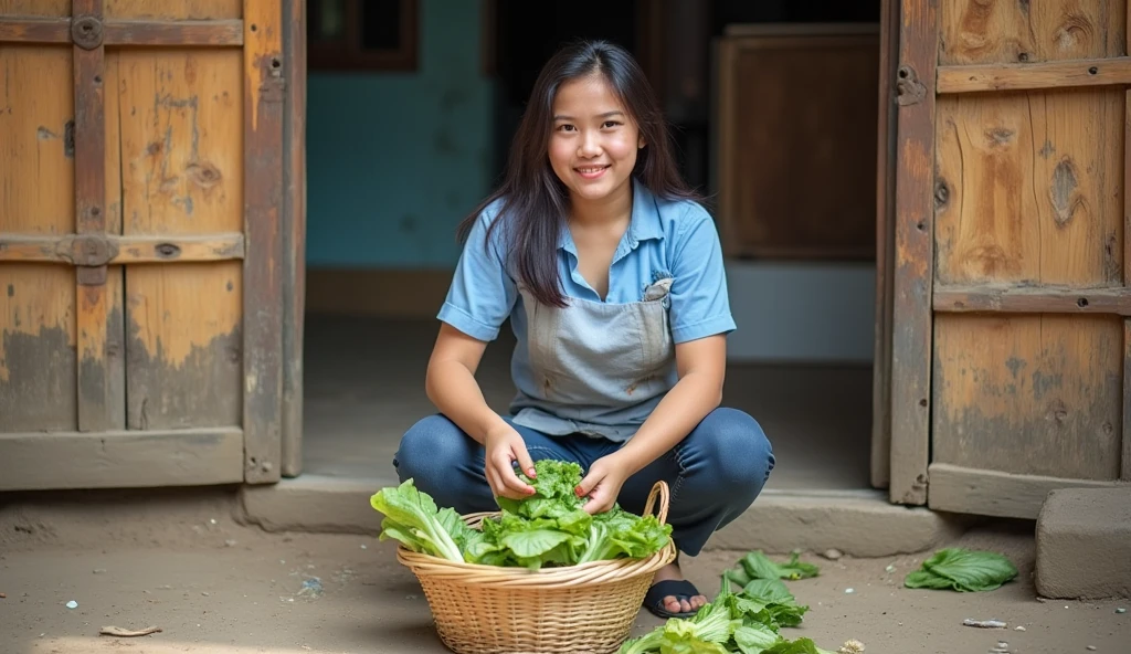 (masterpiece, best quality:1.2), 1girl, Alone, indonesian_high_school, holding sign with text "Gadis Jelita"((ultra-realistic photo)) [A 19-year-old Indonesian woman with a clean and smooth complexion, her natural beauty highlighted by her modest appearance. She is wearing a worn-out blue t-shirt, visibly faded, dirty, and with small holes, symbolizing her hardworking nature. The woman is crouched down, attentively cleaning green leafy vegetables in a simple woven bamboo basket placed in front of her. The setting is in front of a rustic wooden kitchen door, its surface weathered and stained with time. The kitchen backdrop is simple and humble, with walls made of woven bamboo (anyaman bambu) that show signs of dirt and wear, adding authenticity to the rural atmosphere. The ground is earthen, with traces of mud and scattered debris. The lighting is natural, casting soft shadows under the bright midday sun, enhancing the textures of the bamboo walls, the woman’s attire, and the fresh green vegetables. The image captures the simplicity and beauty of rural life, using a medium telephoto shot in ((8K HDR)) resolution, ensuring exceptional detail and vibrant, lifelike colors.]