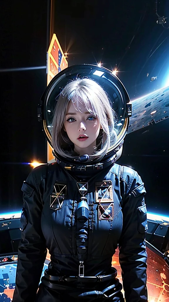 woman ,Golden white hair, blue eyes,,,((Black space suit:1.4)),((Upper Body))