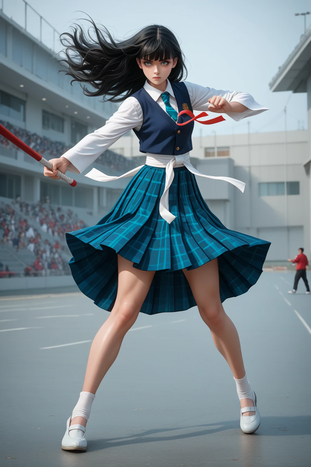 Song Eu-na is a youthful high schoold student. Rocking that luscious waist-long jet-black hair with blunt bangs and deep emerald eyes, wind-swept hair, she's also sporting a 90-62-100 B-W-H size and 165cm heights. Her beauty lies on her diligence, look, and most of all her fit body. Her model long legs with thick thighs are to die for, both literally and figuratively. School dress, shirt, ribbon tie, vest, checkered skirt, (kumite karate-stance with elegance:1.2), untouchable ice queen of the school, BREAK, prestigious school background, masterpiece, best quality, fullbody close-up view,